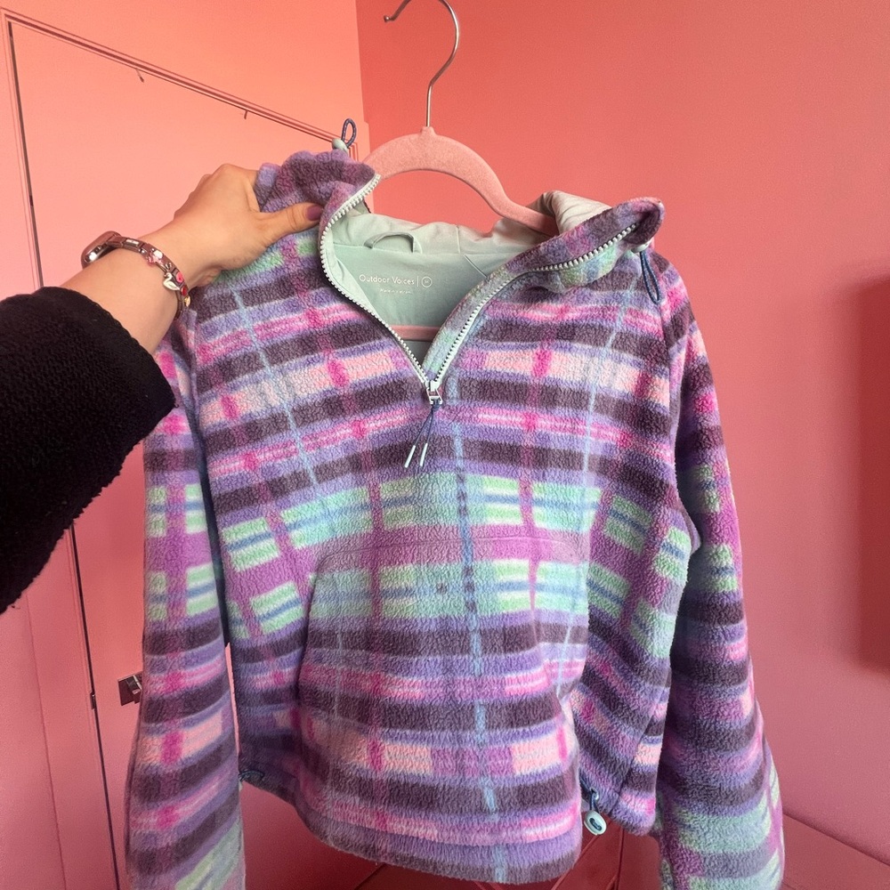 Outdoor Voices Primo Fleece 3/4 zip hoodie in purple plaid